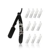Men's Straight Razor Kit, Including 10PCS Stainless Steels Blades, Razor With Mental Handle With 3D Engraving Design,Black Classic Vintage Look For Barber Razor Manual Shaving For Haircutting, Beard Shaping, And Eyebrow Trimming For Men