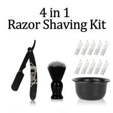 4 In1 Men's Straight Razor Shaving Kit - Including Metal Shaver With 10pcs Stainless Steel Blades & Shaving Brush & Shaving Bowl, 3D-Muster-Design For Staight Razor, Perfect Gift For Father & BoyFriend
