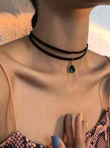 Colar com corrente de clavícula de dupla camada de cristal de vidro, colar com pingente estilo curto vintage, adequado para o dia a dia, festas e bailes