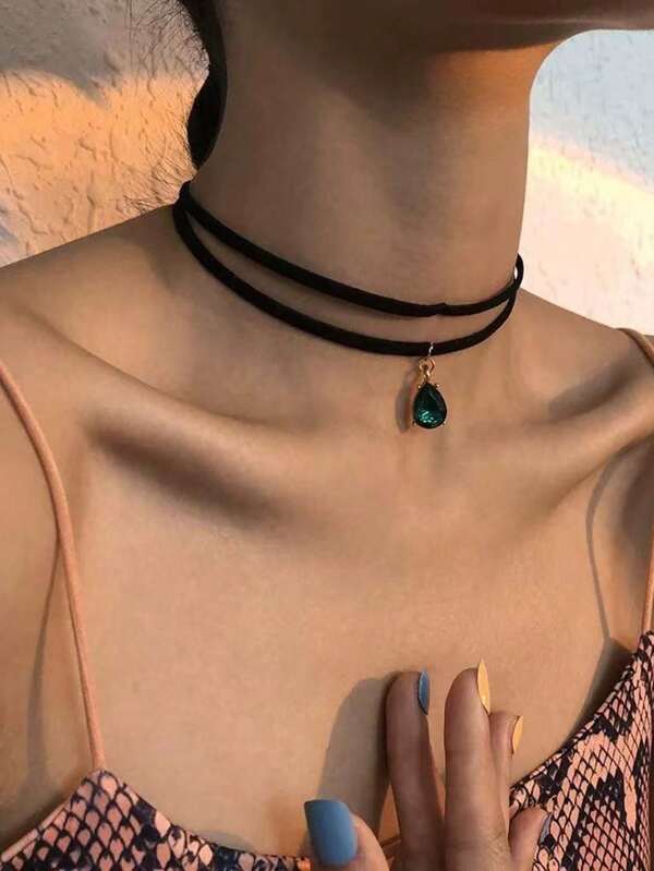 Colar com corrente de clavícula de dupla camada de cristal de vidro, colar com pingente estilo curto vintage, adequado para o dia a dia, festas e bailes