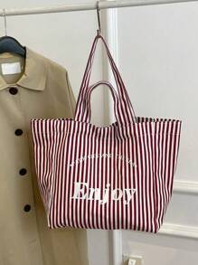1 bolsa feminina da moda, bolsa de ombro, bolsa retangular de grande capacidade, estampa de letras listradas, material de lona resistente a arranhões e durável, adequada para compras, encontros, festas, deslocamento para o trabalho, bolsa vermelha casual elegante e prática