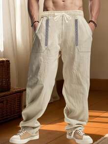 Men's Drawstring Linen Pants With Pockets Stylish Geometric Embroidery Casual Mid Rise Wide Leg Trousers For All Seasons - 卡其色 - 查看 2