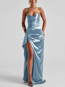 优雅性感缎面荷叶边修腰派对礼服、伴娘服、礼服 - 霧霾藍 - 查看 3