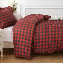 Duvet Cover King Size, Reversible Floral Lavender Duvet Cover Set With Zipper Closure, 3 Pieces Botanical Patterns Soft Microfiber Bedding Set (90"X104", 2 Pillow Cases 20"*36") - 04 - 紅色格子(無被子) - 查看 3