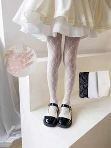 1 Pair Girls/Kids Vertical Striped Mesh Hollow Breathable Cute Floral Pattern Tights, Fashion Korean Style White Color, Spring/Summer - White - View 3