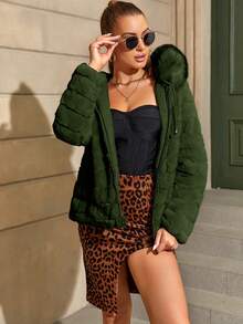 Risissida 优雅时尚：秋冬季双面女式羽绒服，配有人造毛皮和舒适帽子 - 綠色 - 查看 2