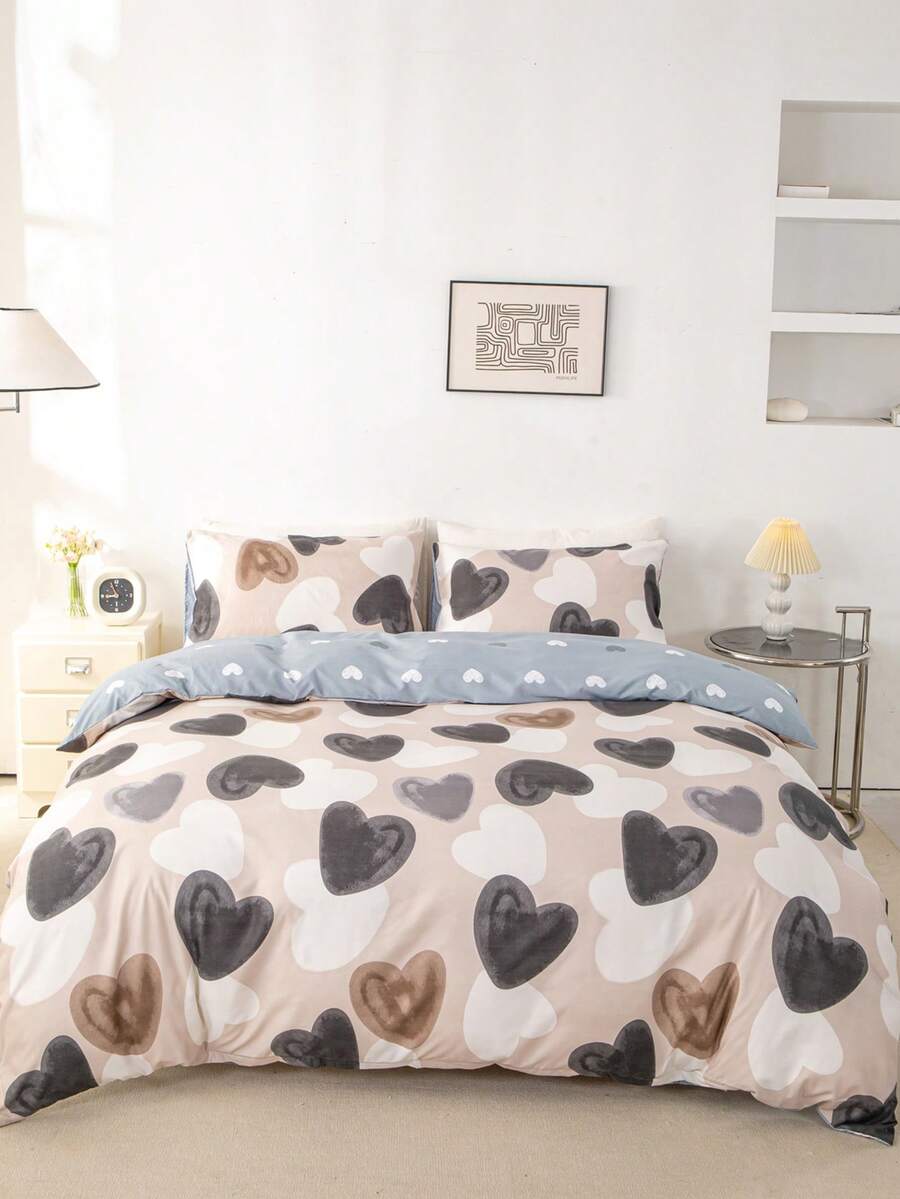 3pcs Heart Pattern Bedding Set (1 Duvet Cover And 2 Pillow Shams), Soft And Skin-Friendly, Suitable For All Seasons, Home, Wedding And Other Occasions - Multicolor - View 1