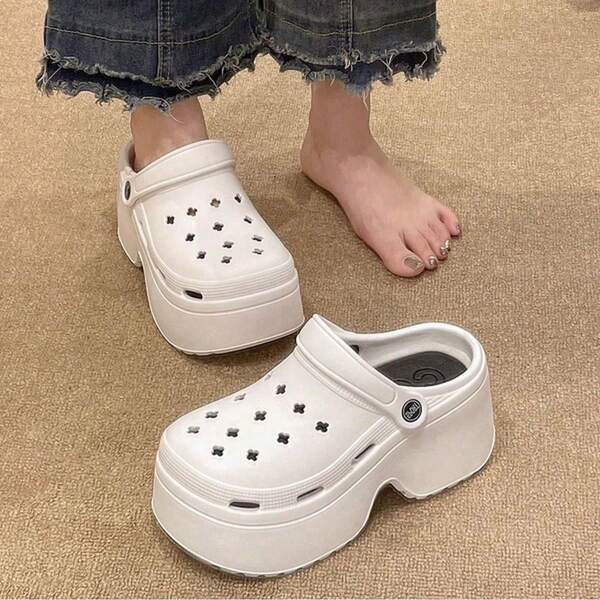 Sandalias blancas casuales de verano con plataforma de 8cm perforada, transpirable, de suela blanda y cómoda, tipo chanclas para la playa
