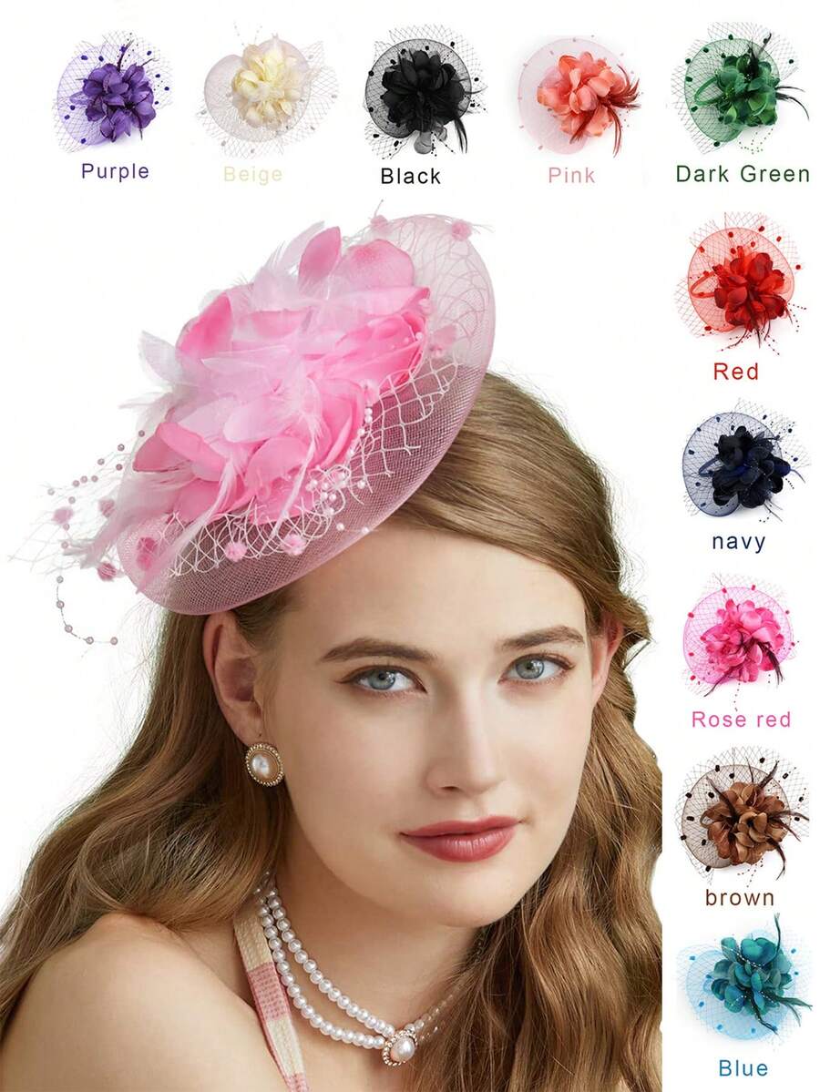 1pc Women Girls Fascinators Hat Tea Party Hair Clip Headband Vintage Headpiece Mesh Veil Retro Fashion Headwear, Hair Accessories, Gifts, Wedding - Multicolor - View 1