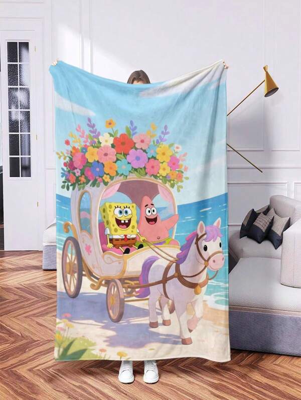 SPONGEBOB 1pc SpongeBob Printed Blanket - Warm Flannel, Multi-Color Digital Printing, All-Season Tear-Resistant, Machine Washable, Suitable For Sofa, Bed, Office, Camping, Travel, Birthday And Holiday Gifts - 200-250g Polyester Fiber Fill, Holiday Gift | Retro Patchwork | Soft Flannel Fabric