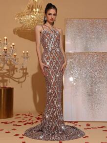 Vestido ceñido de malla transparente sin mangas con tirantes finos y lentejuelas, vestido de noche formal para mujer para invitada de boda, dama de honor, fiesta, vacaciones