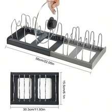 1pc Adjustable Expandable Pot And Pan Organizers Rack With Compartments, Kitchen Cabinet Pantry Bakeware Organizer Rack Holder For Pans And Pots Lid - Grey - View 11