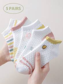 5 Pairs Of Candy Colored Women's Socks, Cute Playful Smiling Face With Embossed Floral Pattern Women's Short Socks Ankle Socks, Casual Sports Daily And Going Out Wear