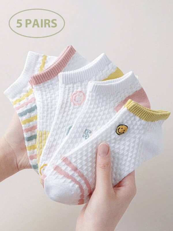 5 Pairs Of Candy Colored Women's Socks, Cute Playful Smiling Face With Embossed Floral Pattern Women's Short Socks Ankle Socks, Casual Sports Daily And Going Out Wear
