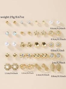 20pcs/Set Elegant Metal Faux Pearl Earring Studs Assortment, Including Heart, Star, Flower, Rhinestone, Leaf, Bow Designs, Fashion Jewelry Gifts For Women, Suitable For Casual Everyday Wear