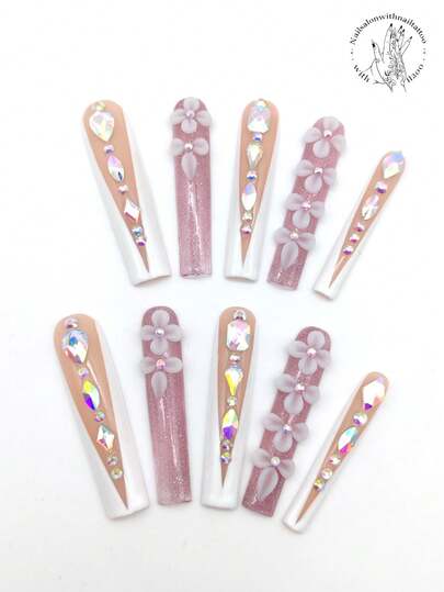 10pcs Handmade White Deep V-Shaped Nail Stickers With Embedded Rhinestones, Handcrafted White Raised Petals And Flowers, Sprinkled With Glitter. Suitable For Weddings, Galas, Formal Dinners, Parties And Other Events. Nail Stickers, Nail Art Supplies, Nail Products.