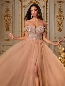 VIPGIRL Champagne Sequin Off Shoulder Corset Tulle Gown With High Slit, Elegant Princess Style Long Formal Evening Dress, Luxury Prom Dresses For Women, Gala Wedding Guest Outfit, Bridesmaid Gown - Camel - View 1