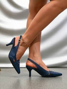 法式时尚优雅细高跟鞋，交叉绑带尖头派对女式高跟鞋，海军蓝，优雅，女士浅口鞋，优雅，猫跟鞋 - 藍色 - 查看 5