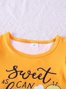 6pcs/Set Girls Casual "English Letter", "Bee", "Butterfly", "Ladybug" Printed Top & Matching With Bowknot, "Bee", "Butterfly", "Ladybug" All Over Print Random Cut Shorts Outdoor Suit, Spring/Summer
