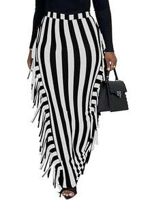 SEBOWEL Cotton Blend Sides Tassel Maxi Skirt Casual Bodycon Skirts Bottom - Đen và trắng - Xem 1