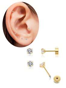 Ensemble de boucles d'oreilles à tige plate en acier inoxydable 316L pour piercings multiples pour oreilles sensibles, boucles d'oreilles créoles petites en acier titane doré 14 carats hypoallergéniques avec petits clous CZ pour femmes, pour piercings de l'hélix, du rook, du daith, de la conque, du nez, des lèvres et du corps, tailles 16G, 8 mm, 10 mm, 12 mm