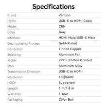 VENTION Type-C To HDMI Cable - 4K@60Hz Ultra HD, HDCP 2.2 Support, Smooth Mirroring, Stable Signal - Transfers Audio/Video From USB-C To HDMI Displays - PVC Braided With Cotton Mesh Exterior, Aluminum Shell - Grey- High-Speed HDMI Adapter Cable - For MacBook, IPad, Devices - Gold-Plated HDMI Male/USB-C Male Connectors, 5.0mm Diameter; Upgrade Your Setup Today For Reliable Performance! - Grey - View 10
