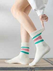 1 par/5 pares de calcetines a rayas de color de dopamina, para uso doméstico, fitness, transpirables y que absorben la humedad, calcetines largos de tubo para mujeres, aptos para todas las estaciones