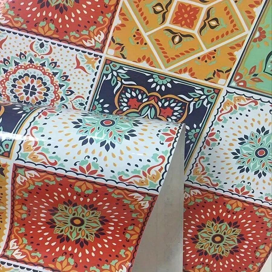 Bohemian Tile Sticker Roll - Self-Adhesive, Waterproof & Oil-Resistant Wallpaper For Kitchen, Bathroom, Cabinet & TV Wall Upgrade, Vinyl Material, Random Pattern Match, Easy To Apply & Remove, Kitchen Wall Decor | Artistic Wallpaper Design | Easy Removal, Wallpaper For Walls - Multicolor - View 1