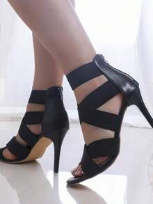 Damen Stiletto-Sandalen mit dünnen Riemen, einfarbiger Oberstoff aus Stoff, Slip-On-Design mit offenem Zehenbereich, Gummisohle, waschbare High Heels - Schwarz - Übersicht 4