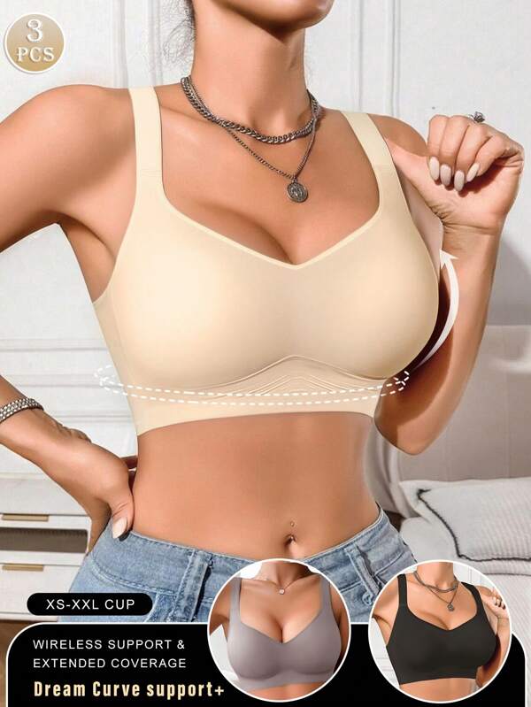3 قطع حمالة صدر لون كتلة لون واحد للنساء، لا سلكية للصيف، مريحة وداعمة