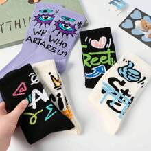 5 Pairs Unisex Cartoon Graffiti Colorful Socks, Original Design, Fashion Patterns Suitable For Various Styles, Great For Gifts To Family And Friends