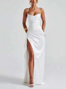 Elegant Sexy Satin Strapless Off Shoulder Frill Trim Waist Party Dress, Bridesmaid Dress, Formal Gown - White - View 4
