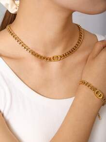 1pc/Set Hip Hop Punk 18K Gold Plated Stainless Steel CD Cuban Chain Necklace And Bracelet Jewelry Set, Suitable For Daily Wear And Parties, Accessories