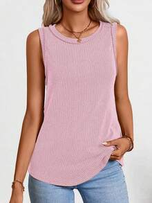 Women's Crew Neck Ribbed Top (Summer Edition) - Pink - View 4