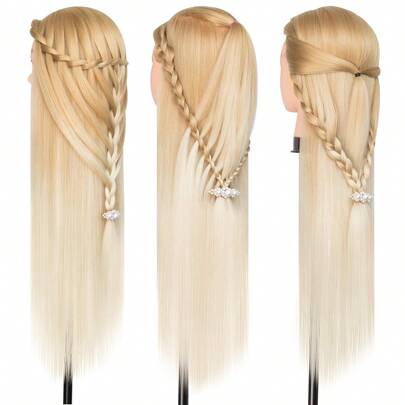 Cabeza de maniquí de 28 pulgadas con cabello, maniquíes de cabello para practicar, cabeza de maniquí para trenzar, práctica de peluquería, entrenamiento de peinados rectos, muñeca con soporte de pinza
