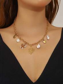 1 复古镀金 O 型链海洋生物吊坠不锈钢项链海藻海星贝壳珍珠心形锁配件项链