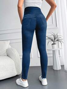 Skinny jeans för gravida med lappstickade fickor och sliten fåll - Blå - Visa 2