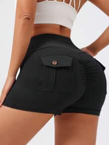 Pantalones cortos deportivos de cintura alta tipo cargo para mujer, leggings de compresión con pliegues y bolsillos con solapa que levantan el trasero