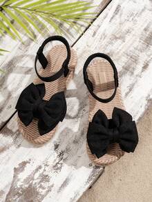 新款夏季黑色蝴蝶结凉鞋，女童款，编织厚底，单带踝带，波西米亚风罗马鞋，编织图案/编织厚底，厚底增高，不磨脚，柔软舒适，适合夏季、户外活动、搭配连衣裙、通勤、购物、海滩度假等场合。 - 黑色 - 查看 3