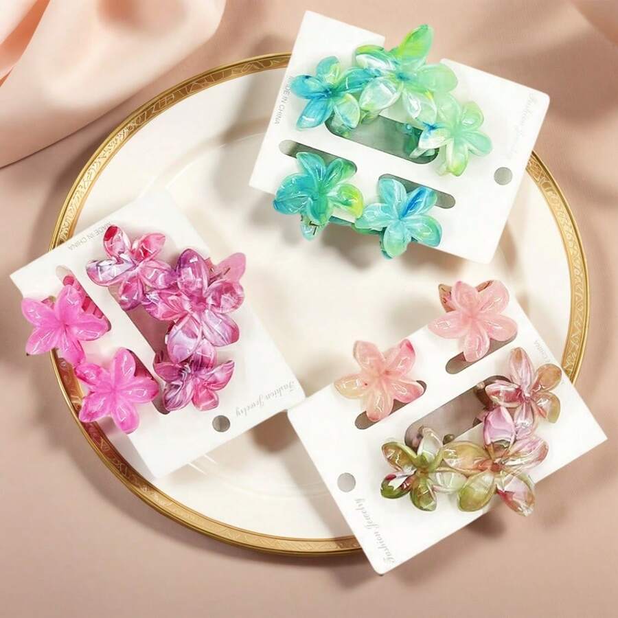 3 Stück/Set fuchsienrote bohemische Marmor-Textur Haarspangen, Blumenformen, verschiedene Größen, geeignet als modisches Haaraccessoire für Sommer-Strandurlaube, Blumenklammern