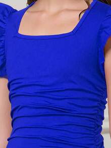 Charming Ruched Square Neck Snug Fit Dress For Girls, Spring/Summer Party Casual Dresses Gift