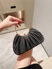 1 件女士优雅褶皱盒式手拿包，奢华闪亮手链手柄正式派对手提包，迷人精致的晚宴包适合约会、舞会、生日派对、夜间聚会 - 黑色 - 查看 6