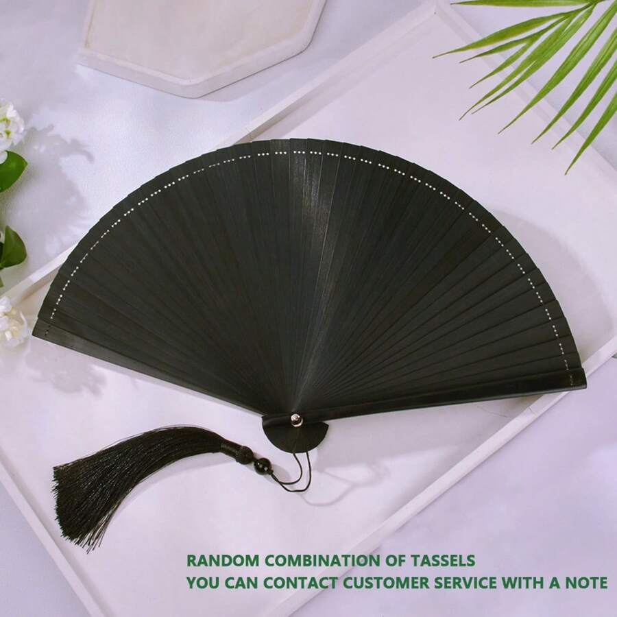 Folding Fans, Wooden Handheld Fans With Tassel, Hand Holding Fans For Women, Wedding, Dancing Party - 黑色 - 查看 1