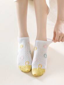 5 Pairs Of Candy Colored Women's Socks, Cute Playful Smiling Face With Embossed Floral Pattern Women's Short Socks Ankle Socks, Casual Sports Daily And Going Out Wear