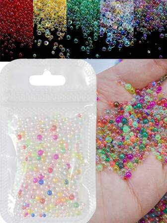Japanese & Korean Style Fresh Delicate Nail Art Shiny Beads, DIY Bubble Pearl Nail Decorations - Multi-Color Ultra Glitter Nail Accessories In Resealable Bag For Manicure, Beauty DIY, Holiday Travel Essentials