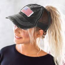 1pc Women's Multi-Color Mesh Ponytail Hole USA Flag Pattern Sports Baseball Cap, Suitable For Daily Wear
