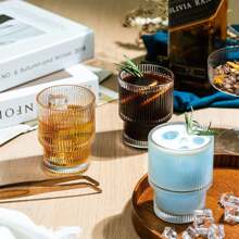 1pc 300ml Transparent Vertical Grain Glass Coffee Cup Milk Cup Juice Cup Ice Cream Cup Suitable For Party, Home, Cafe, Restaurant