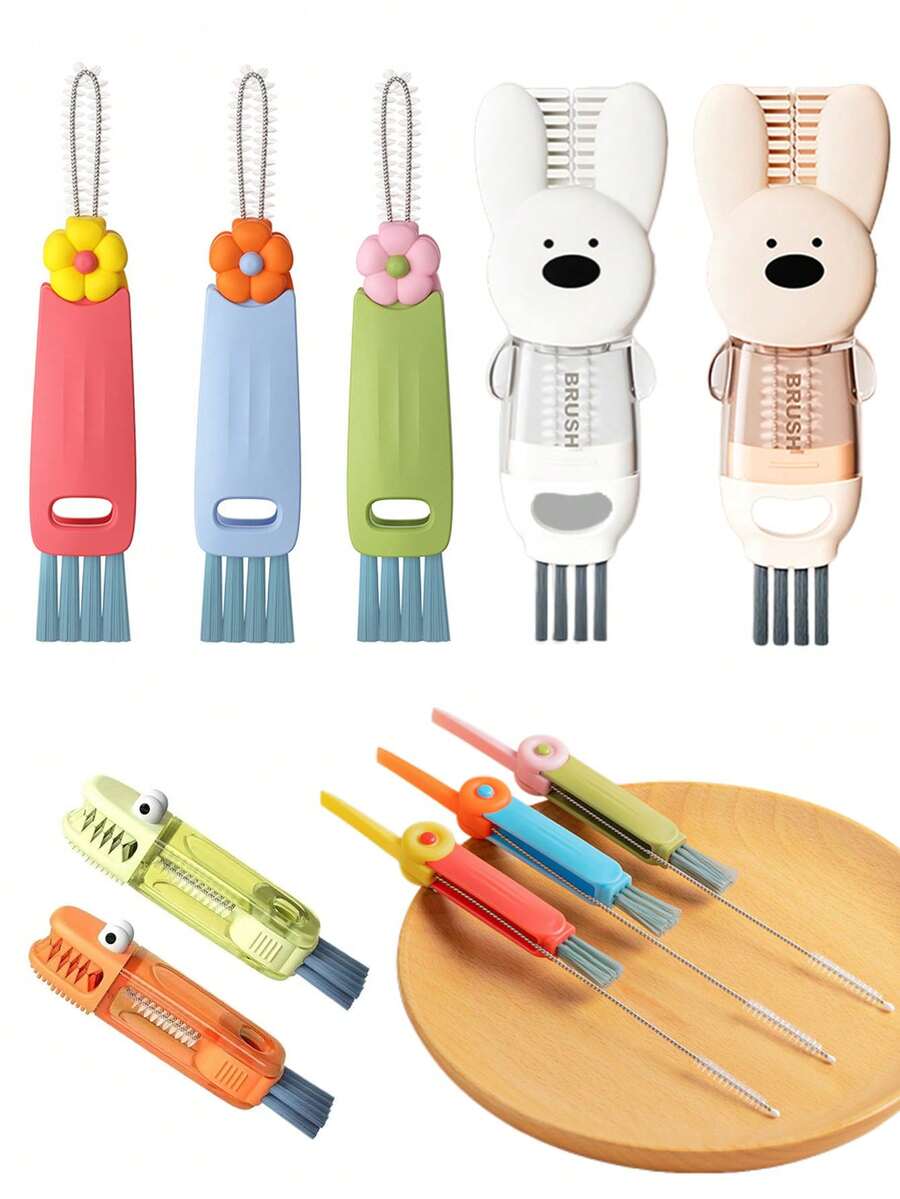 四合一多功能缝隙清洁刷，1个三合一杯盖刷，3个杯盖缝隙清洁刷，奶瓶和杯角清洁刷，吸管刷，瓶盖刷 - 彩色 - 查看 1