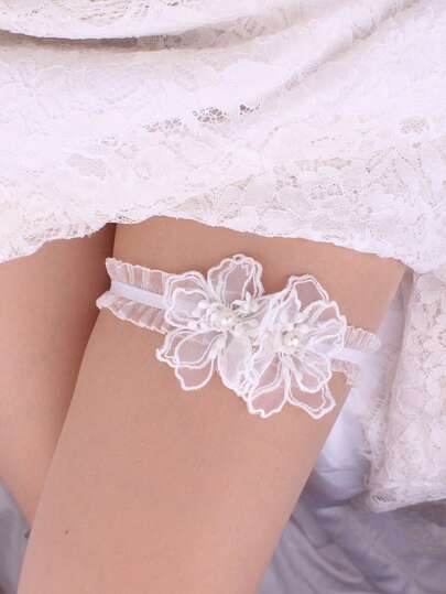 1pc Elastic Floral Decor White Lace Hollow Thigh High Garter For Brides