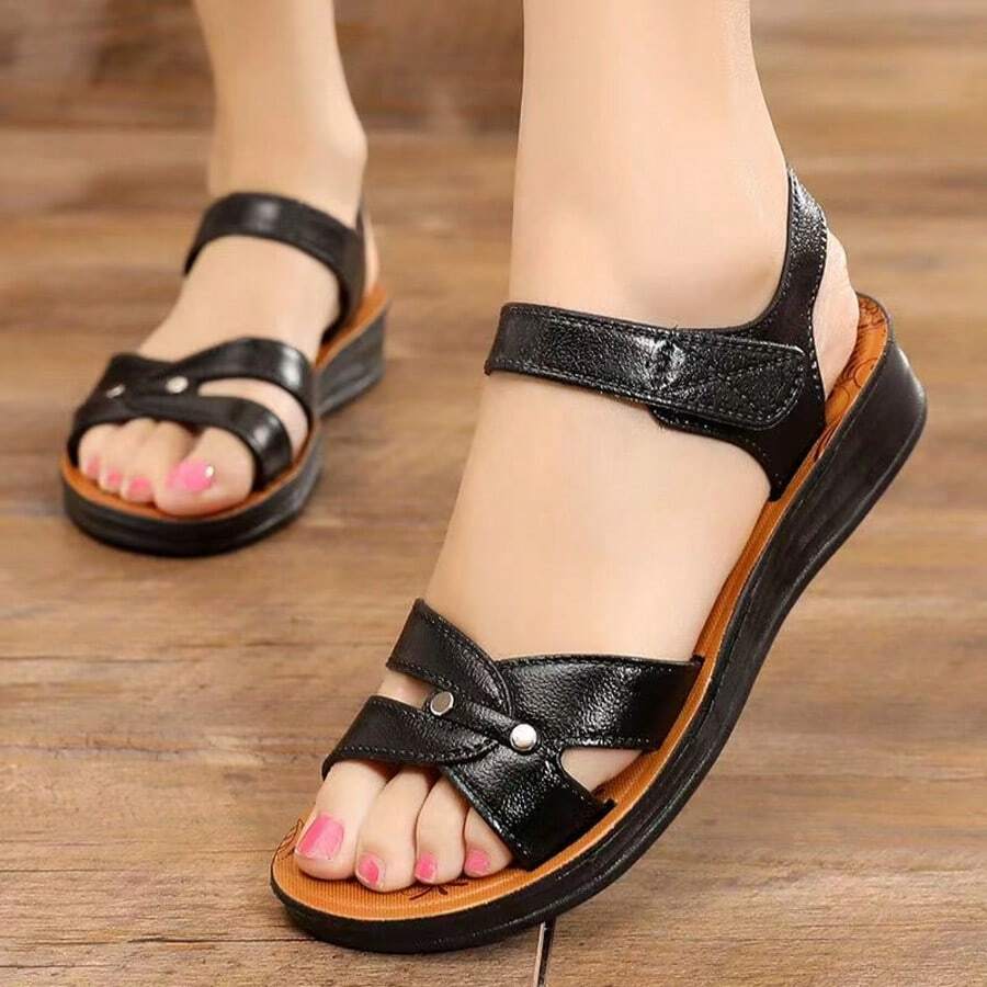 Women's Summer Sandals - Casual Solid Color, Breathable Hollow Design, Hook And Loop Closure, Flat Heel Beach Shoes, Multi-Function Sandals | Flat Sandals | Comfortable Fit, With Strap
